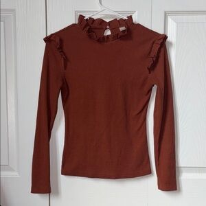 Ruffled Mock Neck Long-Sleeve Top - Rust
